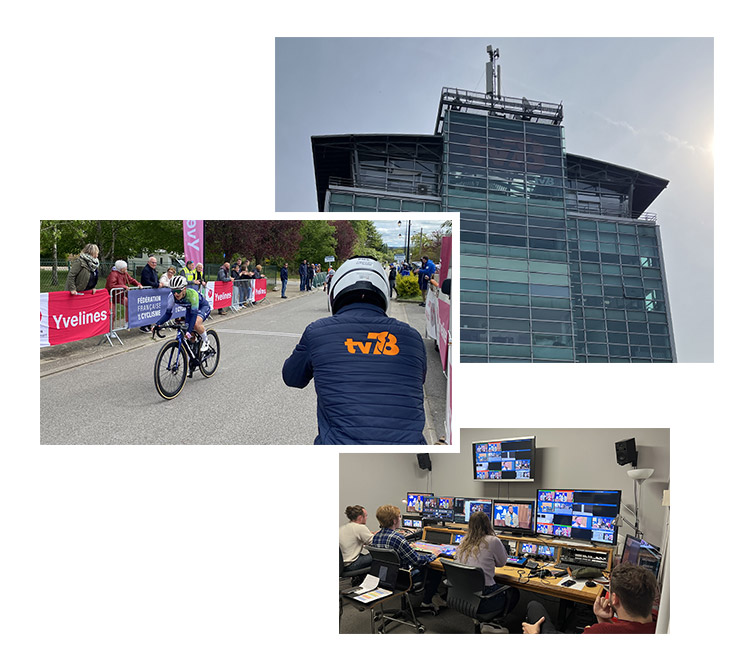 Montage avec l'immeuble tv78, un reporter tv78 en reportage sur le tour de France et les coulisses de tv78
